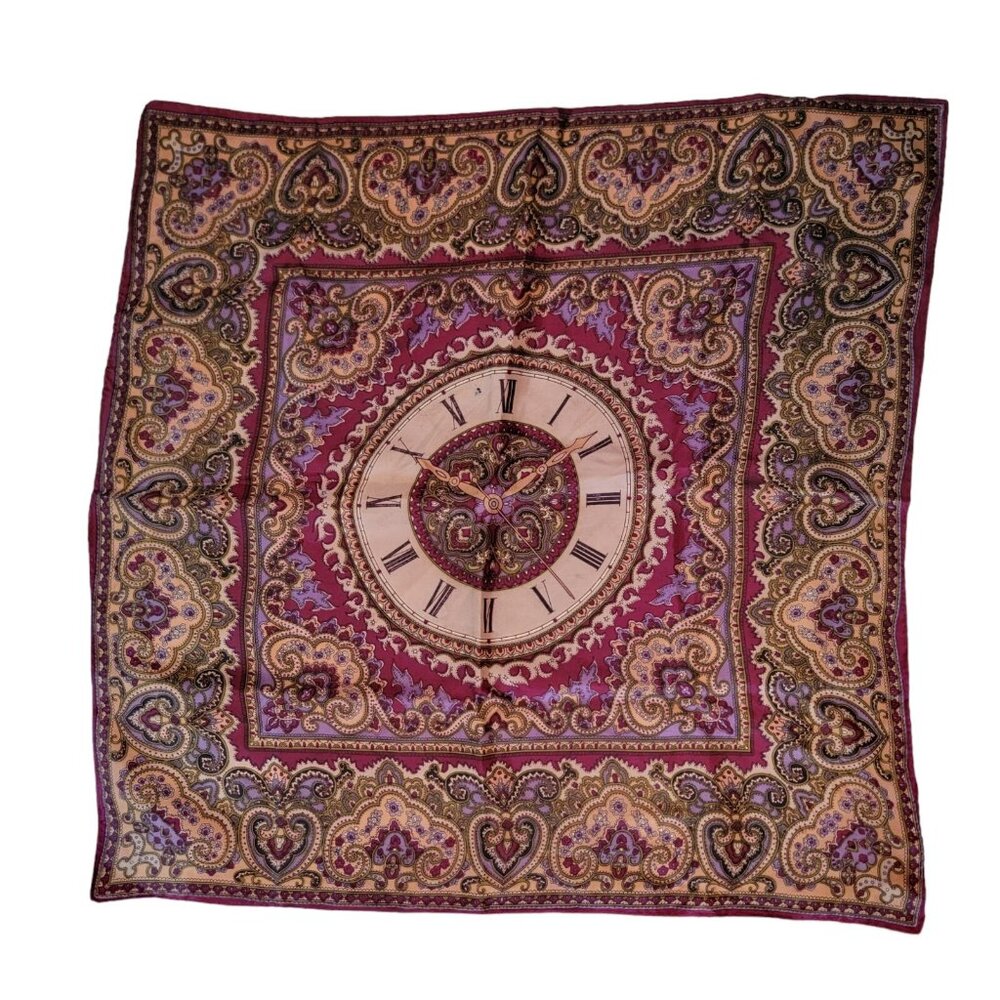 Vintage Acetate Scarf Made In‎ Japan Clock Time Theme Multicolor